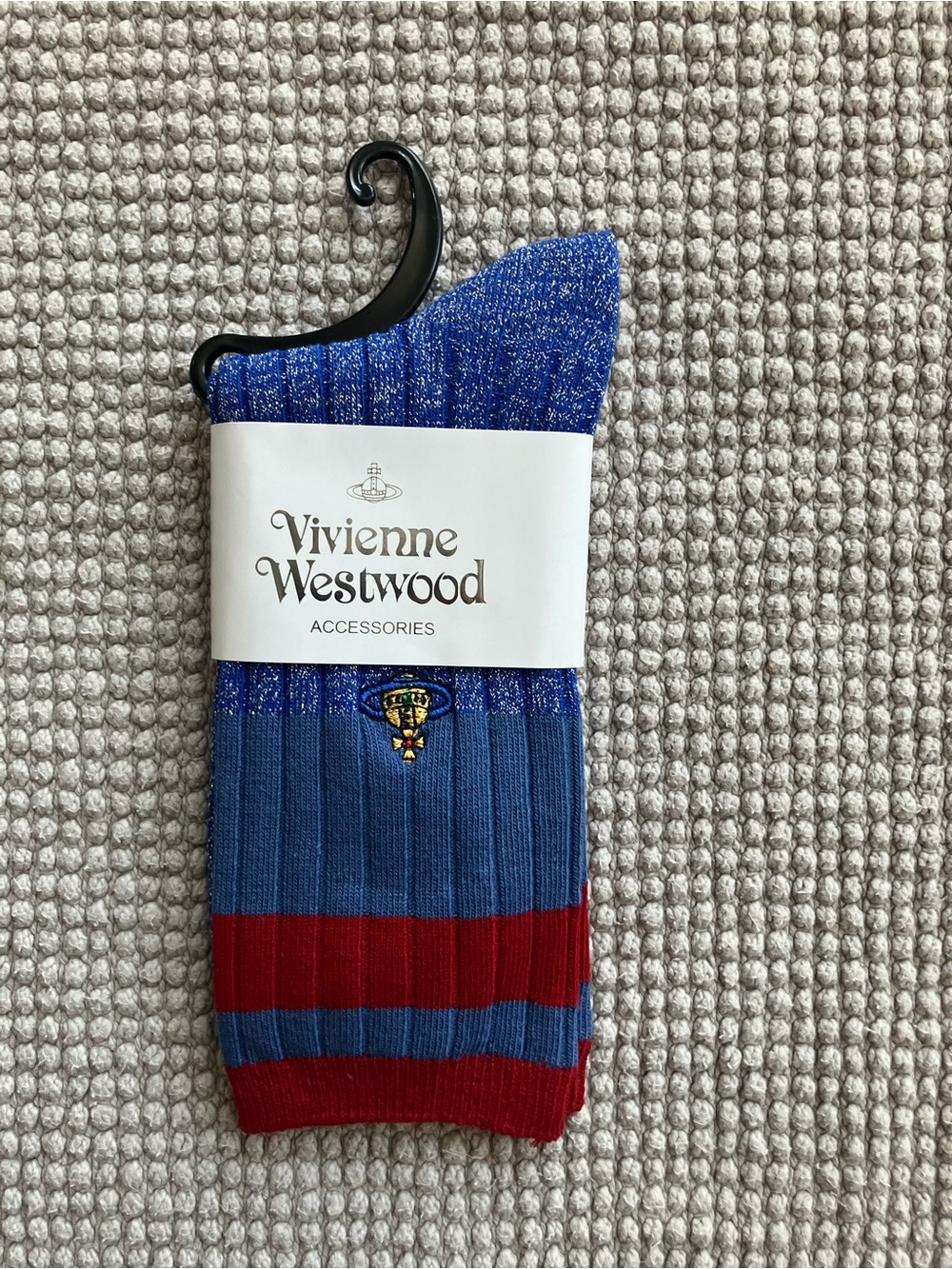 Vivienne Westwood Blue and Red Ribbed Socks with Embroidered Orb